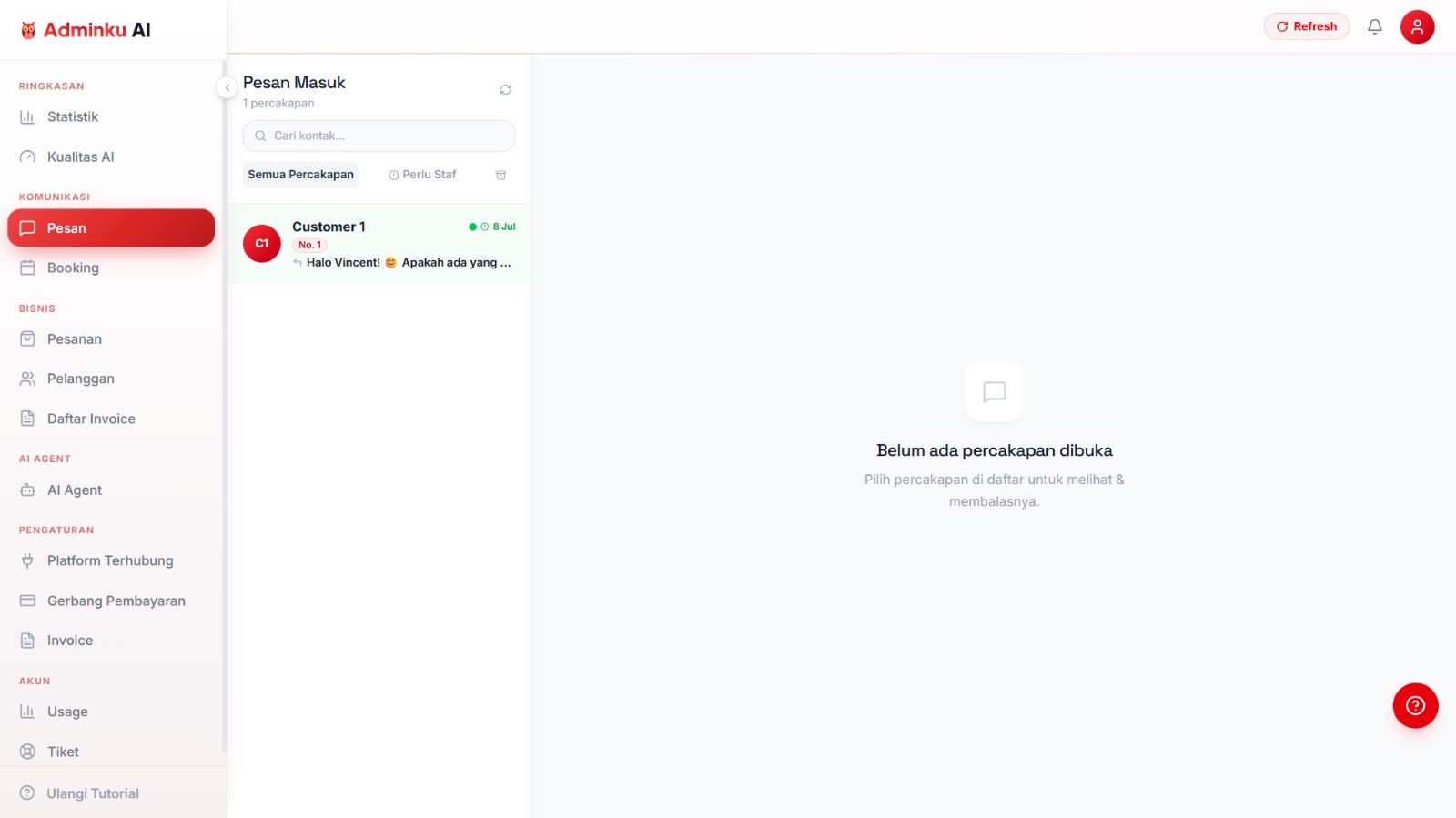 Tampilan halaman Pesan (inbox) dashboard Adminku AI