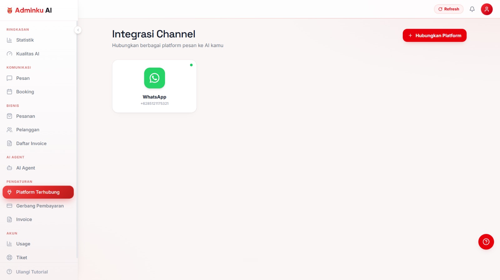 Halaman Platform Terhubung untuk menghubungkan WhatsApp